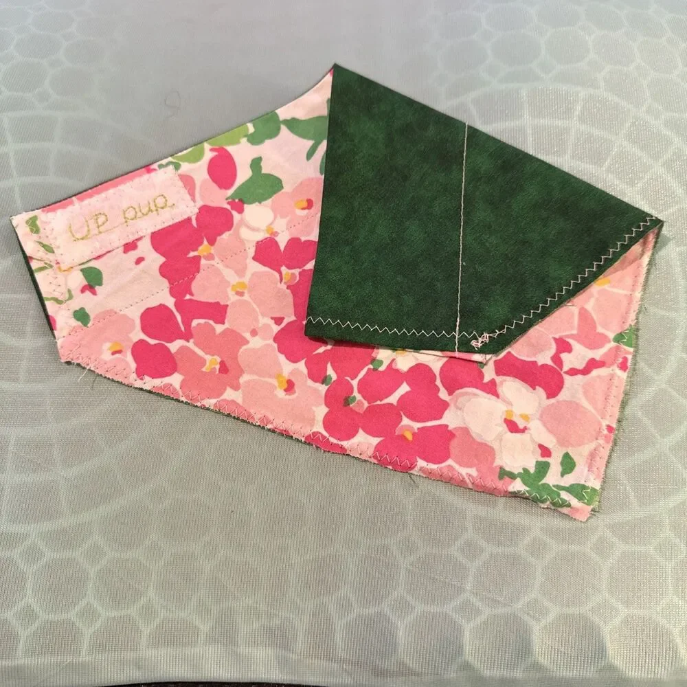 Dog Bandana Over the Collar Pink Floral Hydrangea Upcycled reversible Raw Hem